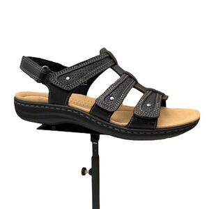 Clarks Womens Laurieann Ivy Leather Sandal Sz 8 Black Comfort Slip-On Adjustable